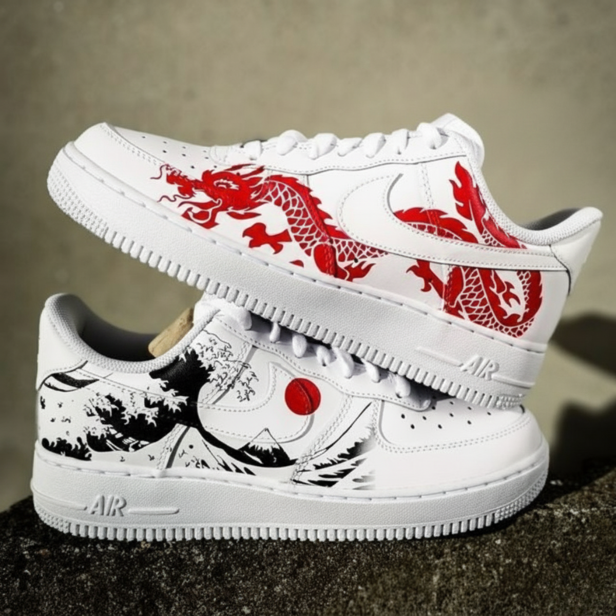 Custom Dragon Nike Air Force 1 with hand-painted red Japanese dragon artwork on white AF1 sneakers
