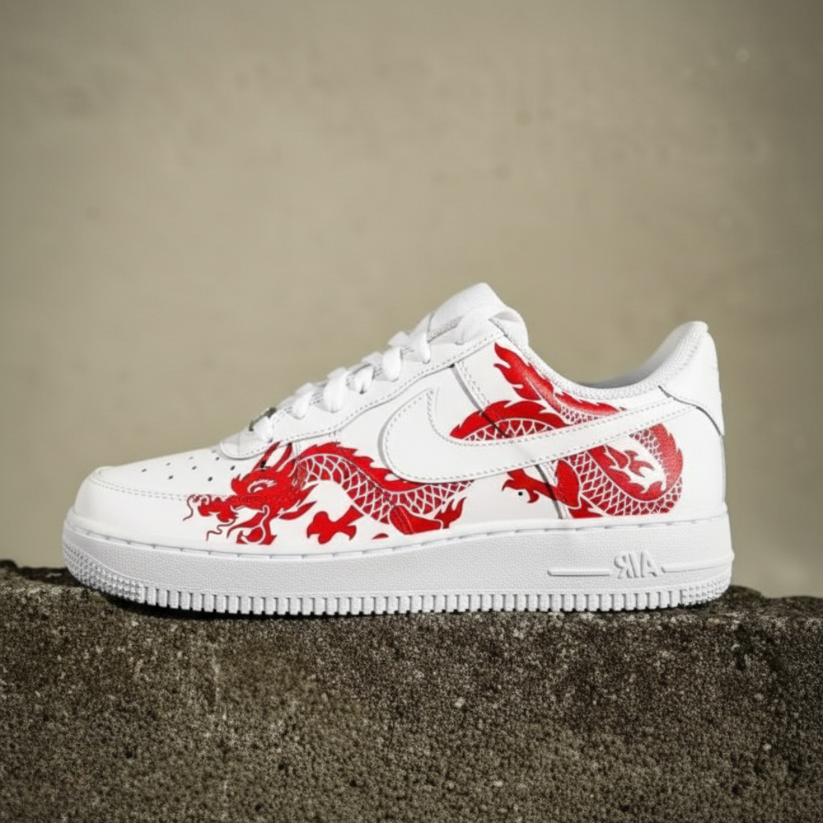 Custom Dragon Nike Air Force 1 left shoe showcasing hand-painted red Japanese dragon artwork